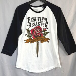 Beautiful Disaster Silent Strength Rose Dagger Raglan Baseball Tee White Black M